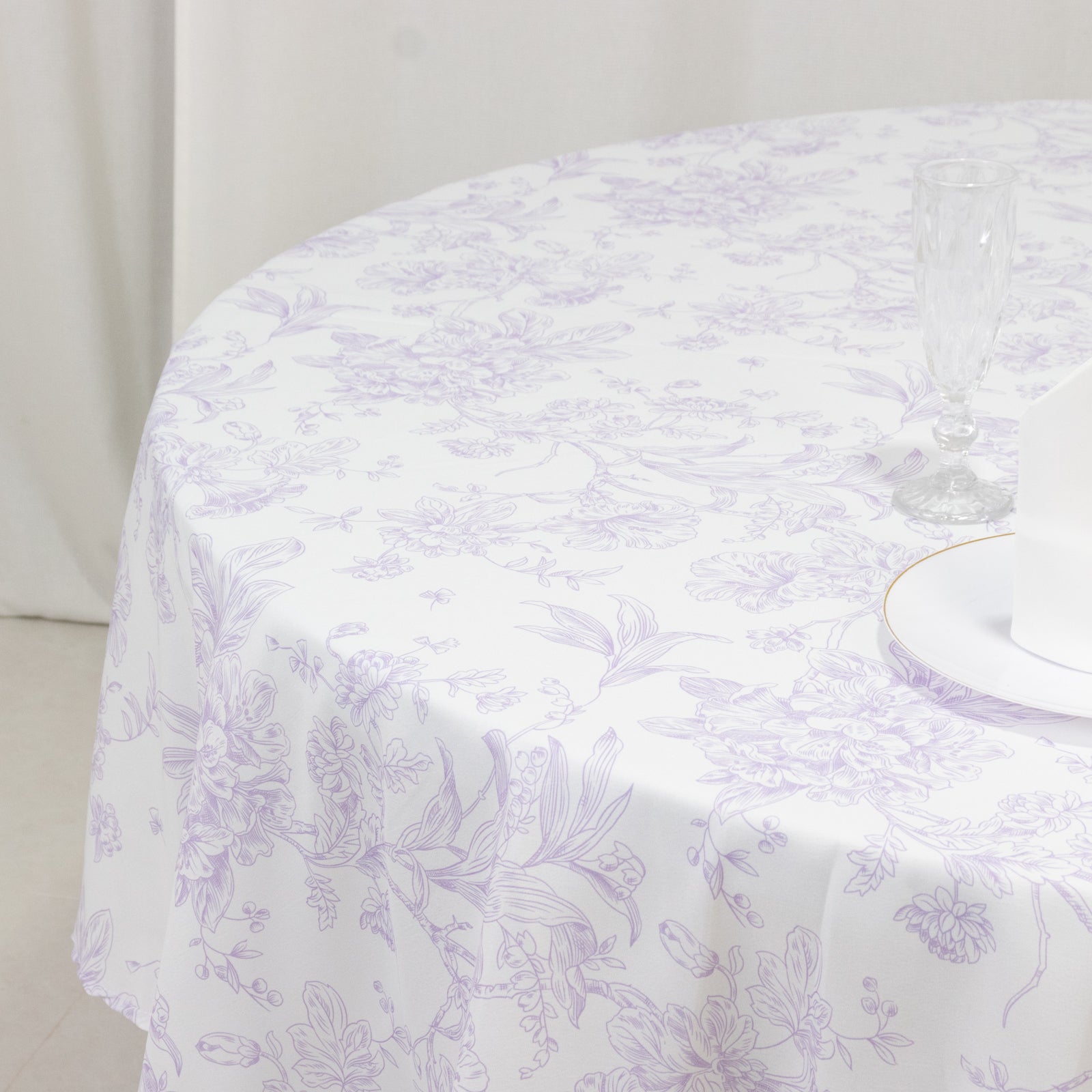 Polyester 90" Round Tablecloth White - Lavender Lilac French Toile Pattern for Chic Weddings - Bell Racket Store