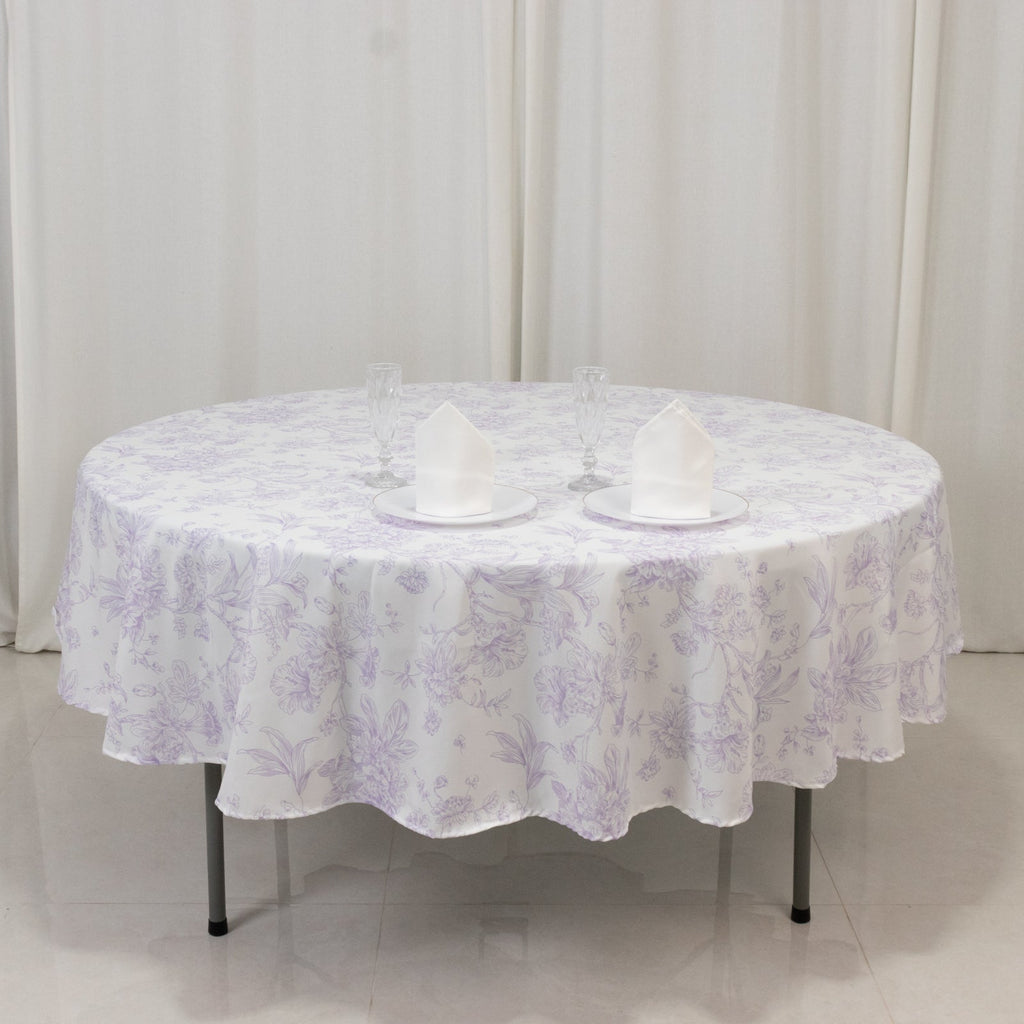 Polyester 90" Round Tablecloth White - Lavender Lilac French Toile Pattern for Chic Weddings - Bell Racket Store