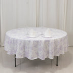 Polyester 90" Round Tablecloth White - Lavender Lilac French Toile Pattern for Chic Weddings - Bell Racket Store