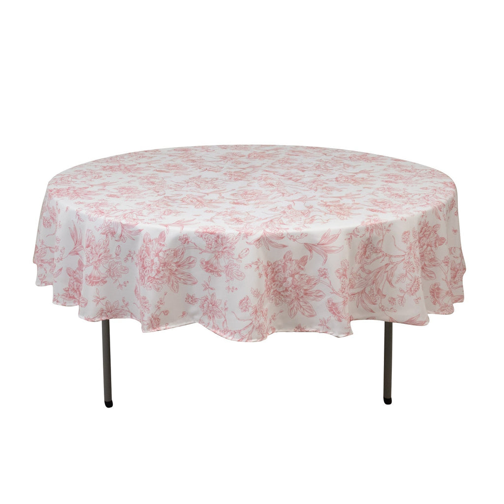 Polyester 90" Round Tablecloth White - Pink French Toile Pattern for Chic Weddings - Bell Racket Store