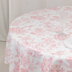 Polyester 90" Round Tablecloth White - Pink French Toile Pattern for Chic Weddings - Bell Racket Store