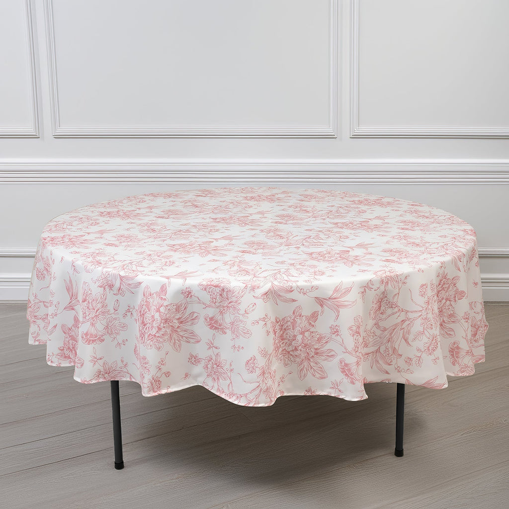 Polyester 90" Round Tablecloth White - Pink French Toile Pattern for Chic Weddings - Bell Racket Store