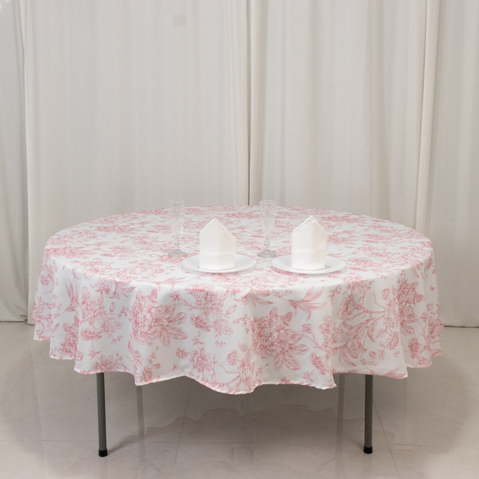Polyester 90" Round Tablecloth White - Pink French Toile Pattern for Chic Weddings - Bell Racket Store