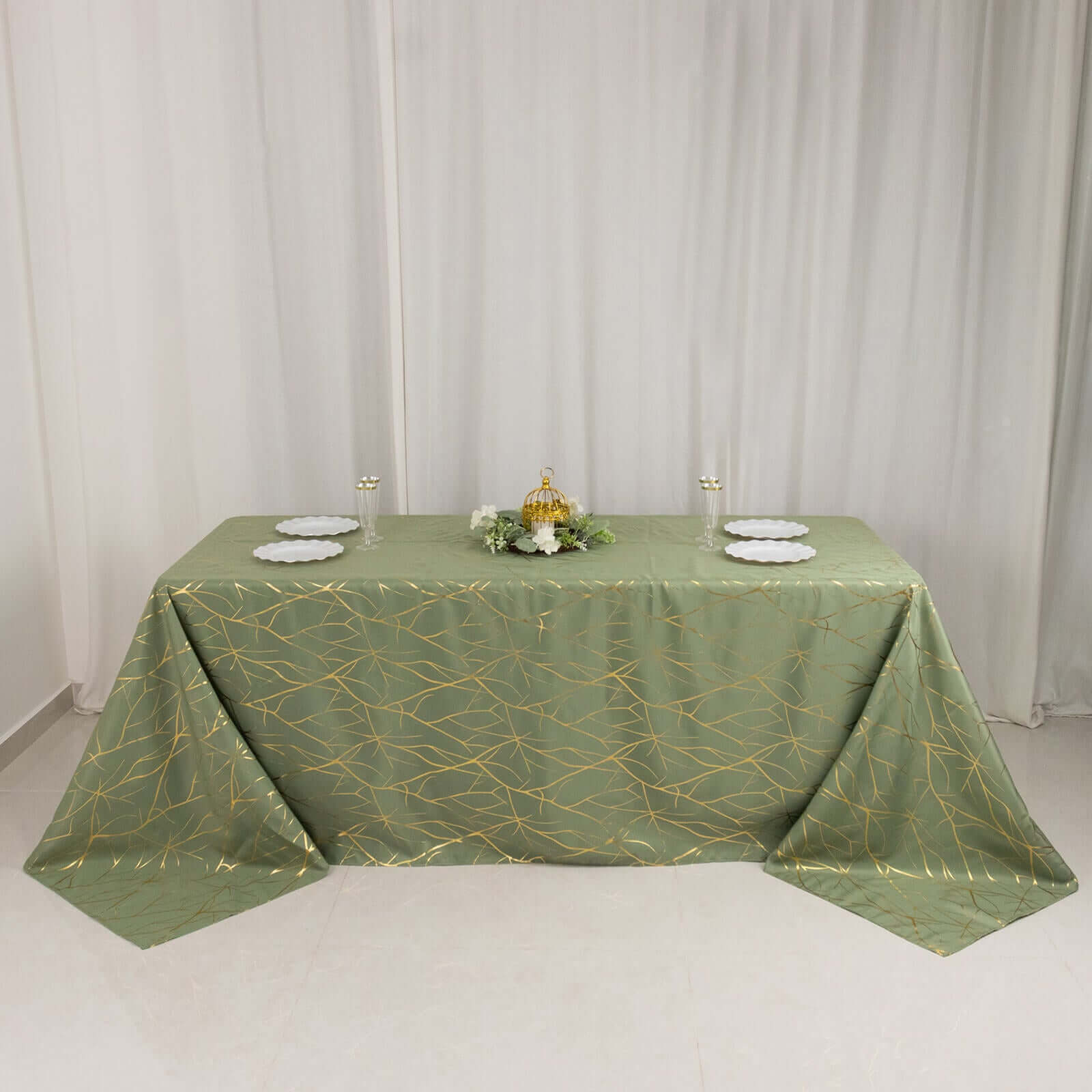 Polyester 90"x132" Rectangle Tablecloth Dusty Sage Green with Gold Foil Tree Branch Pattern - Wrinkle - Resistant Seamless Table Cover - Bell Racket Store