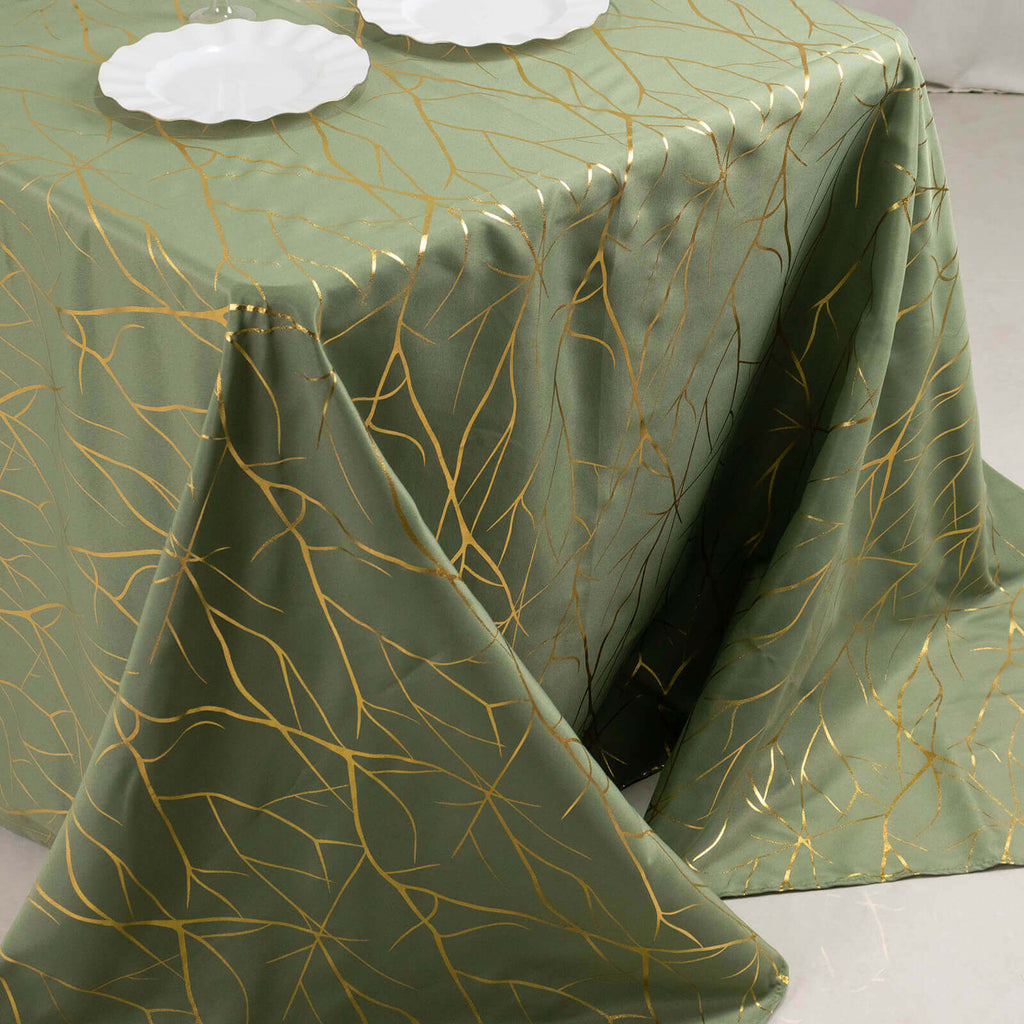 Polyester 90"x132" Rectangle Tablecloth Dusty Sage Green with Gold Foil Tree Branch Pattern - Wrinkle - Resistant Seamless Table Cover - Bell Racket Store