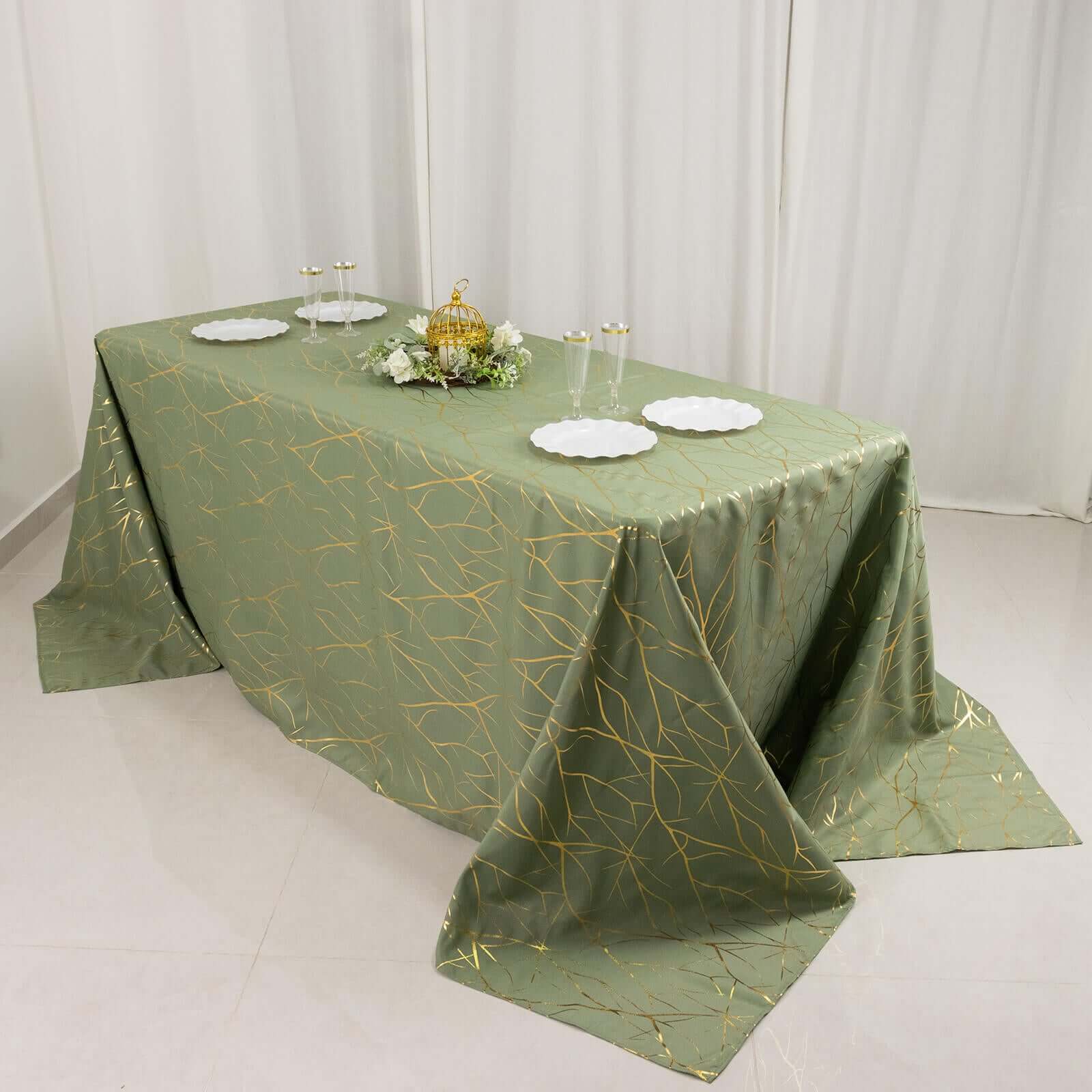 Polyester 90"x132" Rectangle Tablecloth Dusty Sage Green with Gold Foil Tree Branch Pattern - Wrinkle - Resistant Seamless Table Cover - Bell Racket Store