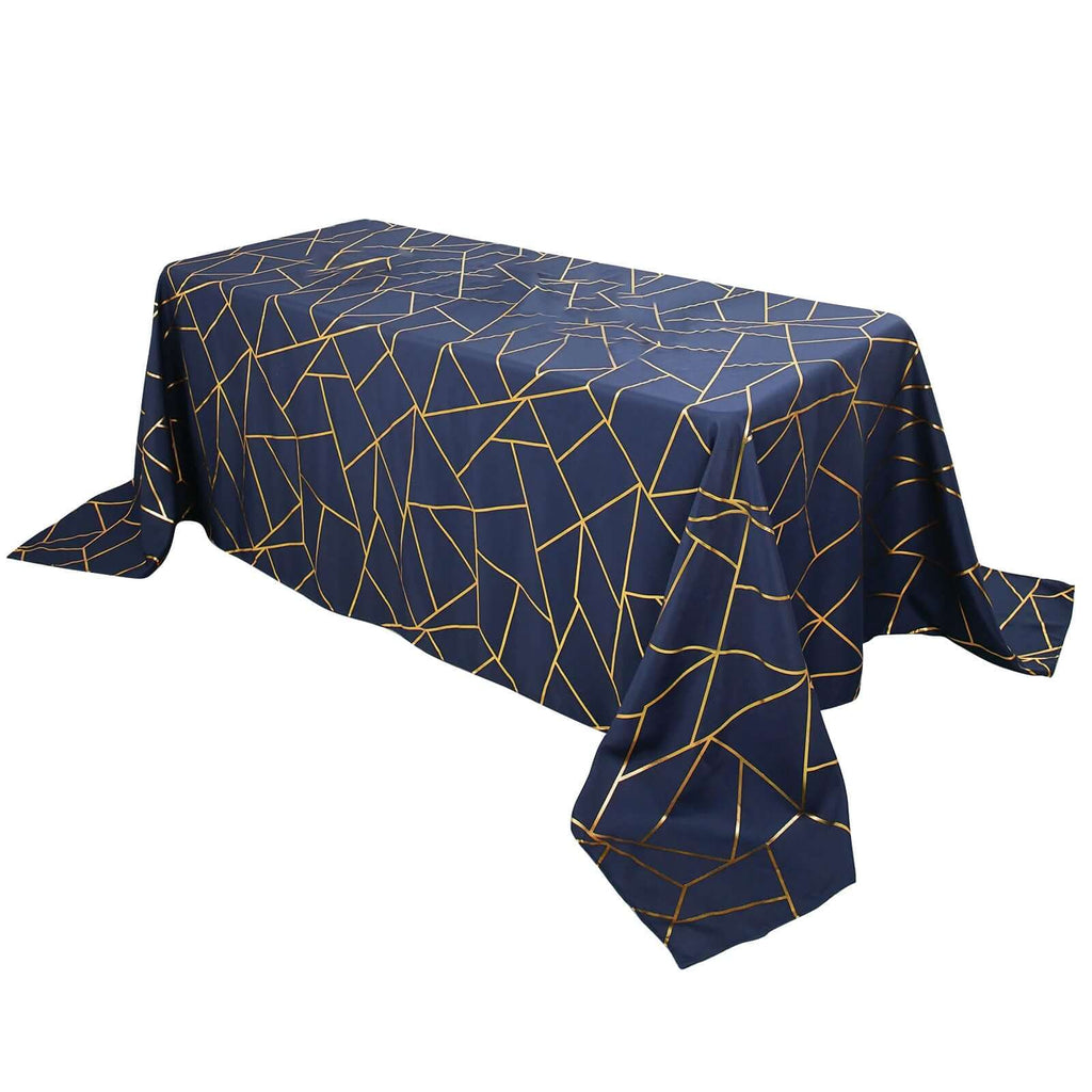Polyester 90"x132" Rectangle Tablecloth Navy Blue with Gold Foil Geometric Pattern - Wrinkle-Resistant Seamless Table Cover