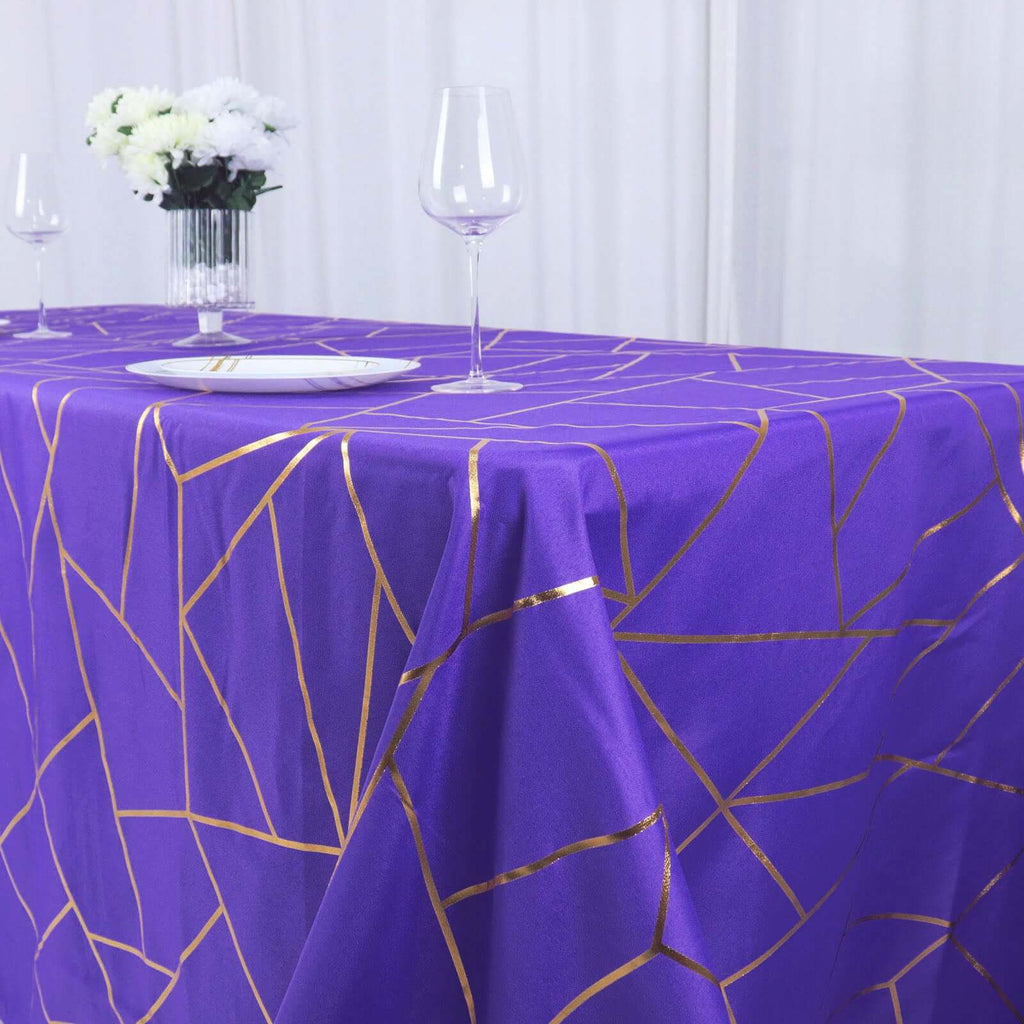 Polyester 90"x132" Rectangle Tablecloth Purple Seamless with Gold Foil Geometric Pattern - Wrinkle - Resistant Seamless Table Cover - Bell Racket Store