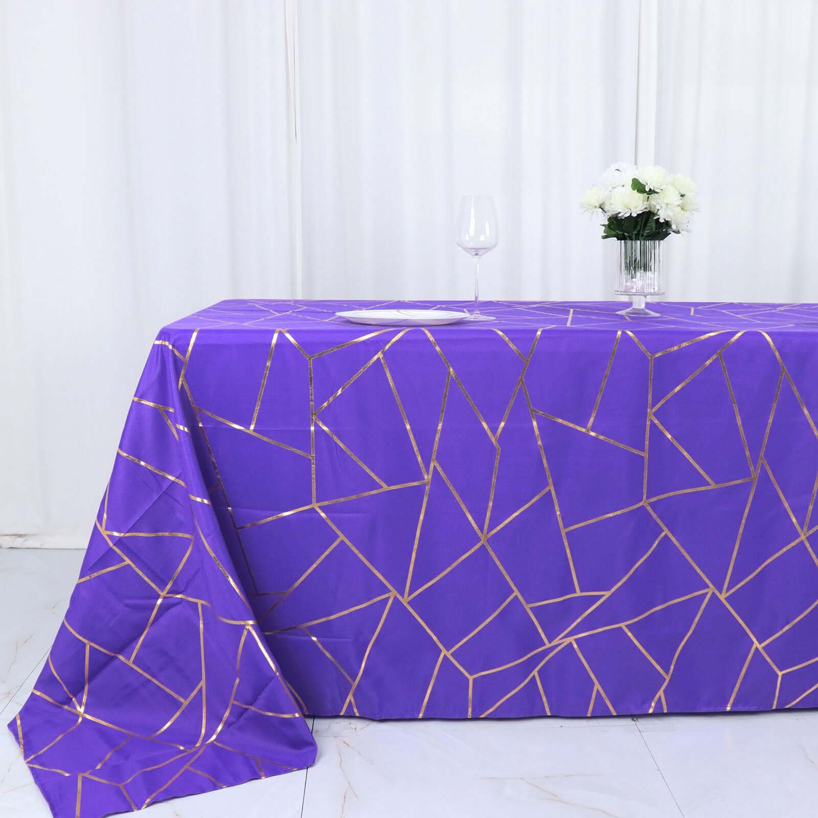 Polyester 90"x132" Rectangle Tablecloth Purple Seamless with Gold Foil Geometric Pattern - Wrinkle - Resistant Seamless Table Cover - Bell Racket Store