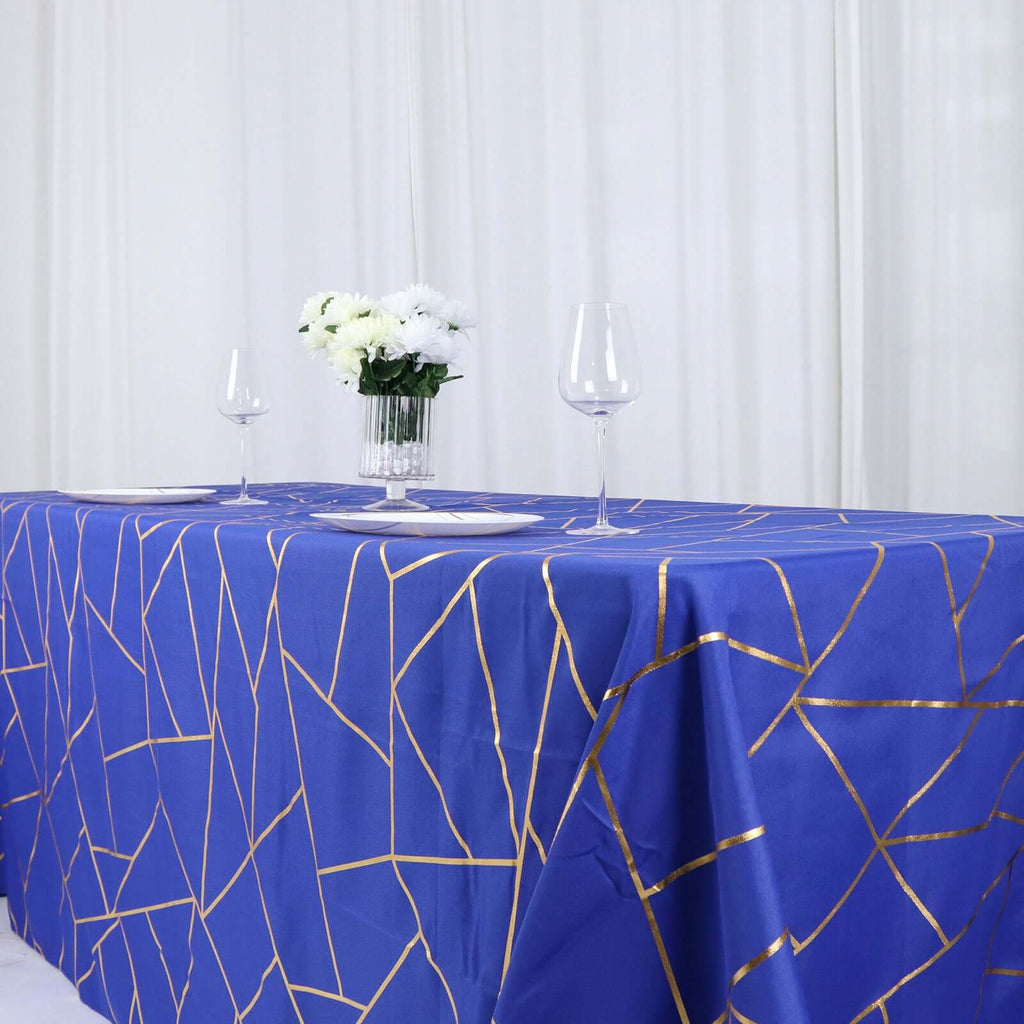 Polyester 90"x132" Rectangle Tablecloth Royal Blue with Gold Foil Geometric Pattern - Wrinkle - Resistant Seamless Table Cover - Bell Racket Store