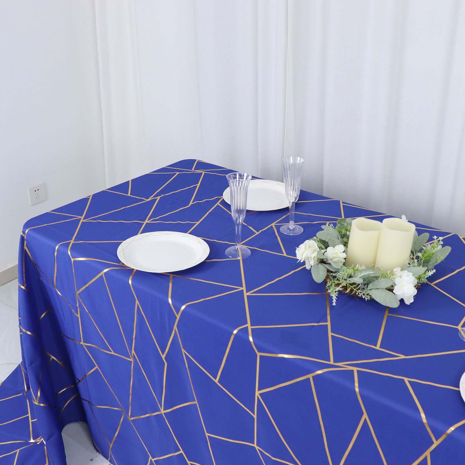 Polyester 90"x132" Rectangle Tablecloth Royal Blue with Gold Foil Geometric Pattern - Wrinkle - Resistant Seamless Table Cover - Bell Racket Store