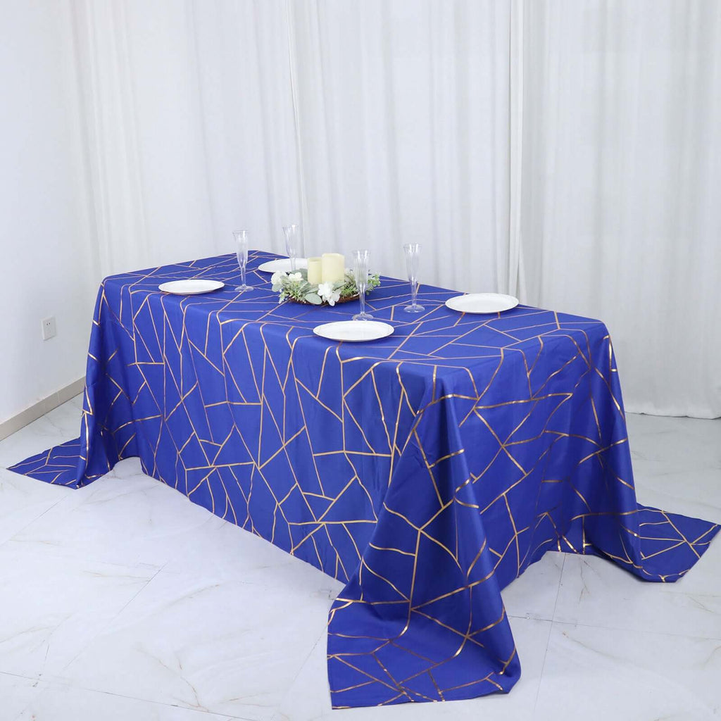 Polyester 90"x132" Rectangle Tablecloth Royal Blue with Gold Foil Geometric Pattern - Wrinkle - Resistant Seamless Table Cover - Bell Racket Store