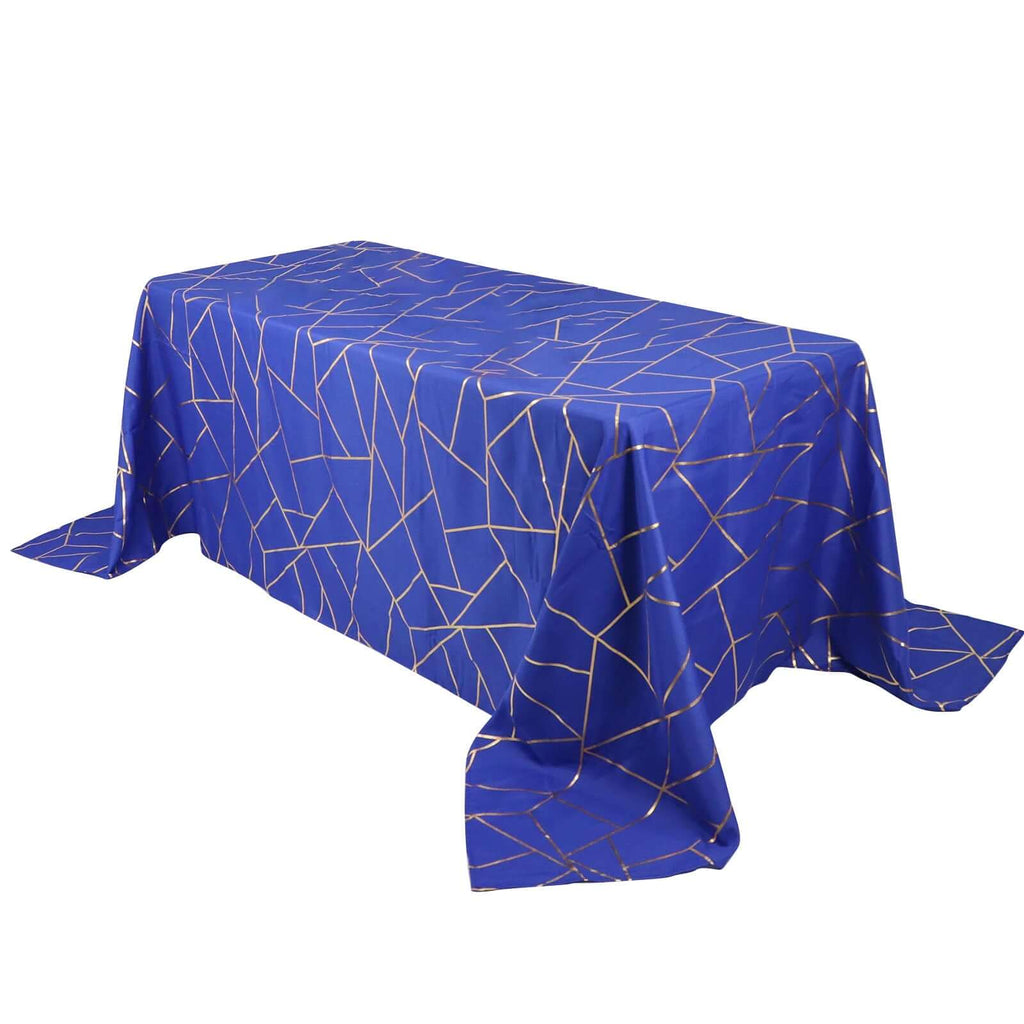 Polyester 90"x132" Rectangle Tablecloth Royal Blue with Gold Foil Geometric Pattern - Wrinkle - Resistant Seamless Table Cover - Bell Racket Store