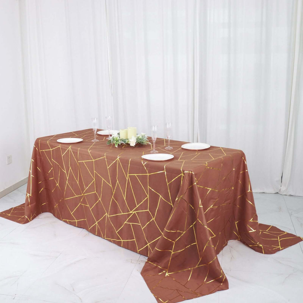 Polyester 90"x132" Rectangle Tablecloth Terracotta (Rust) with Gold Foil Geometric Pattern - Wrinkle - Resistant Seamless Table Cover - Bell Racket Store