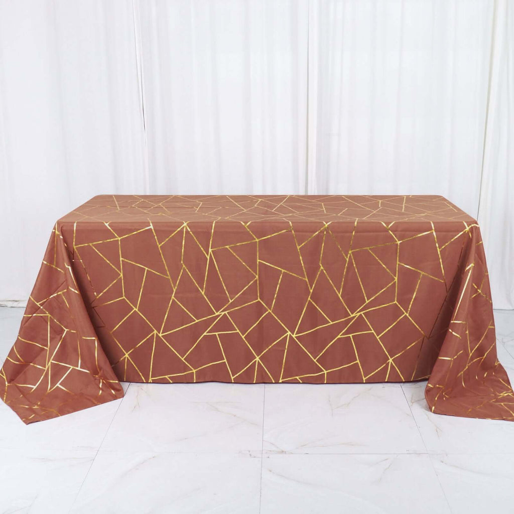 Polyester 90"x132" Rectangle Tablecloth Terracotta (Rust) with Gold Foil Geometric Pattern - Wrinkle - Resistant Seamless Table Cover - Bell Racket Store