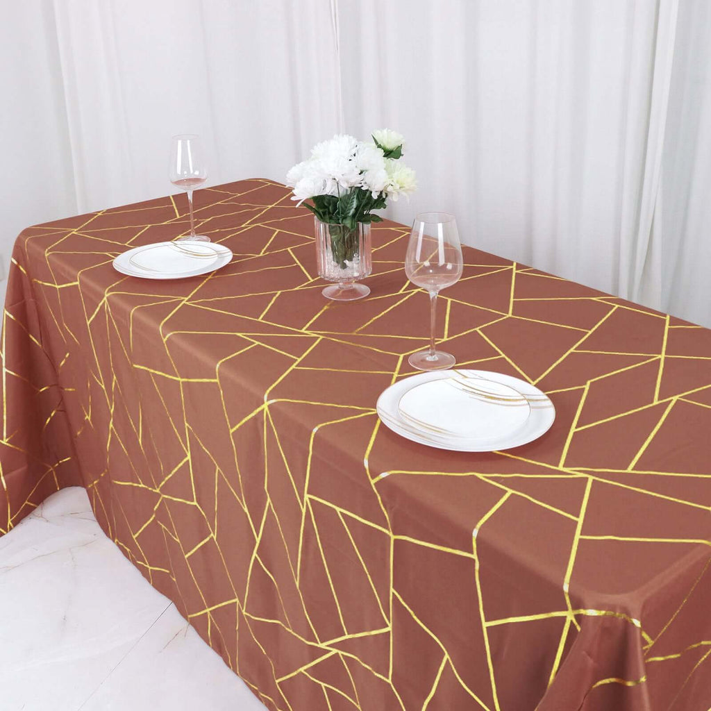 Polyester 90"x132" Rectangle Tablecloth Terracotta (Rust) with Gold Foil Geometric Pattern - Wrinkle - Resistant Seamless Table Cover - Bell Racket Store