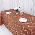 Polyester 90"x132" Rectangle Tablecloth Terracotta (Rust) with Gold Foil Geometric Pattern - Wrinkle - Resistant Seamless Table Cover - Bell Racket Store