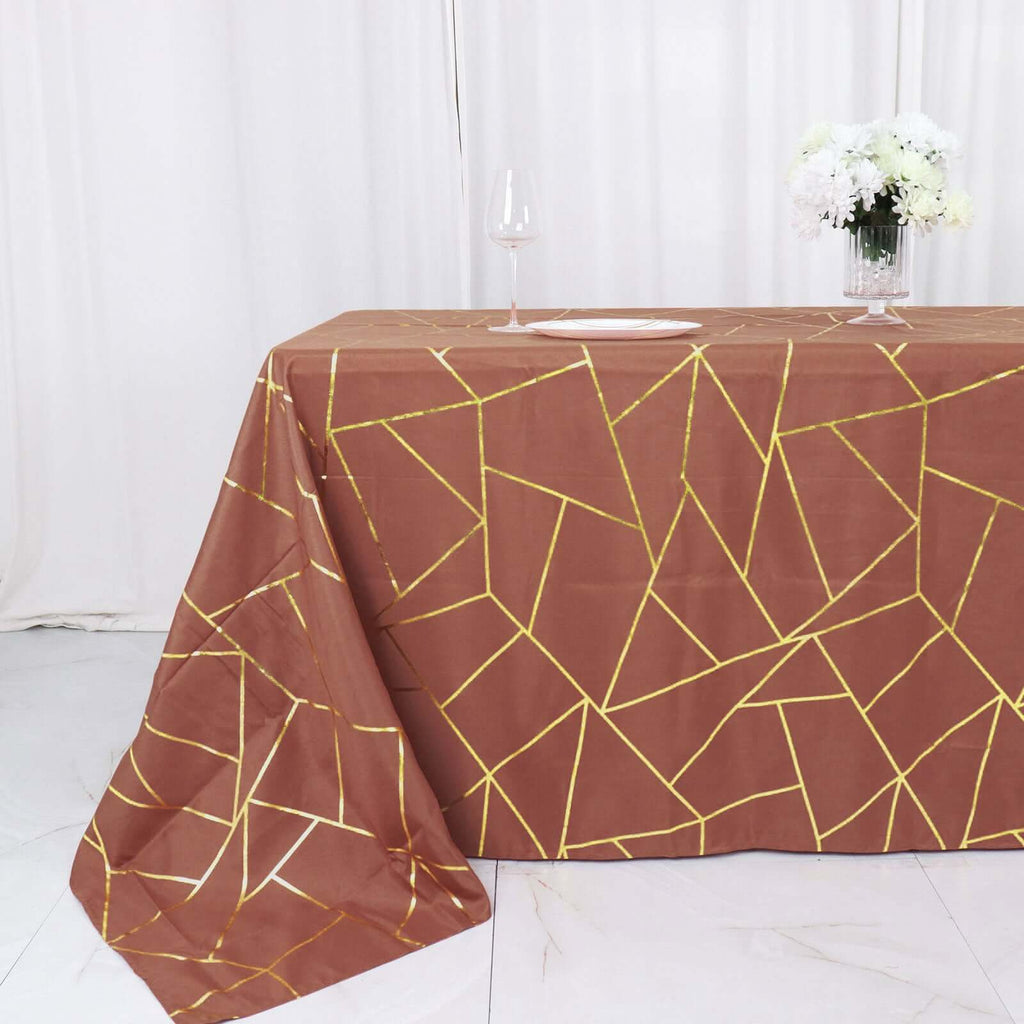 Polyester 90"x132" Rectangle Tablecloth Terracotta (Rust) with Gold Foil Geometric Pattern - Wrinkle - Resistant Seamless Table Cover - Bell Racket Store
