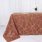 Polyester 90"x132" Rectangle Tablecloth Terracotta (Rust) with Gold Foil Geometric Pattern - Wrinkle - Resistant Seamless Table Cover - Bell Racket Store