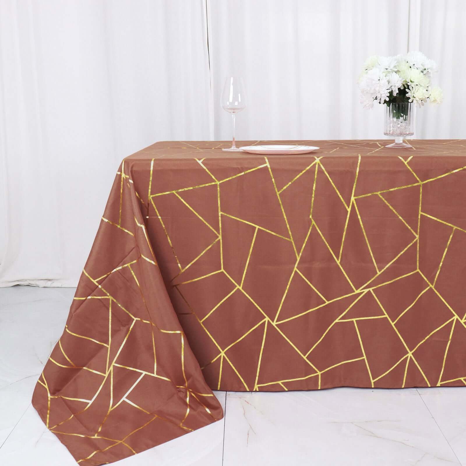 Polyester 90"x132" Rectangle Tablecloth Terracotta (Rust) with Gold Foil Geometric Pattern - Wrinkle - Resistant Seamless Table Cover - Bell Racket Store