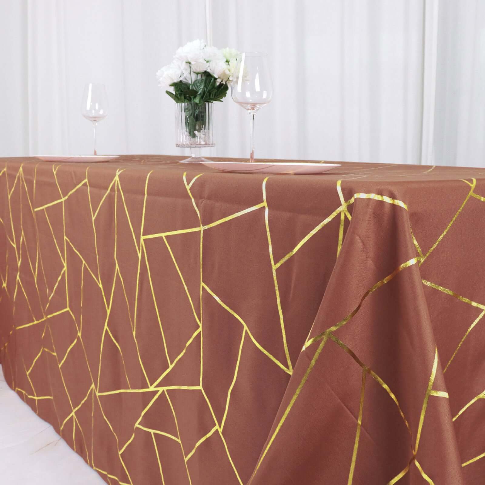Polyester 90"x132" Rectangle Tablecloth Terracotta (Rust) with Gold Foil Geometric Pattern - Wrinkle - Resistant Seamless Table Cover - Bell Racket Store