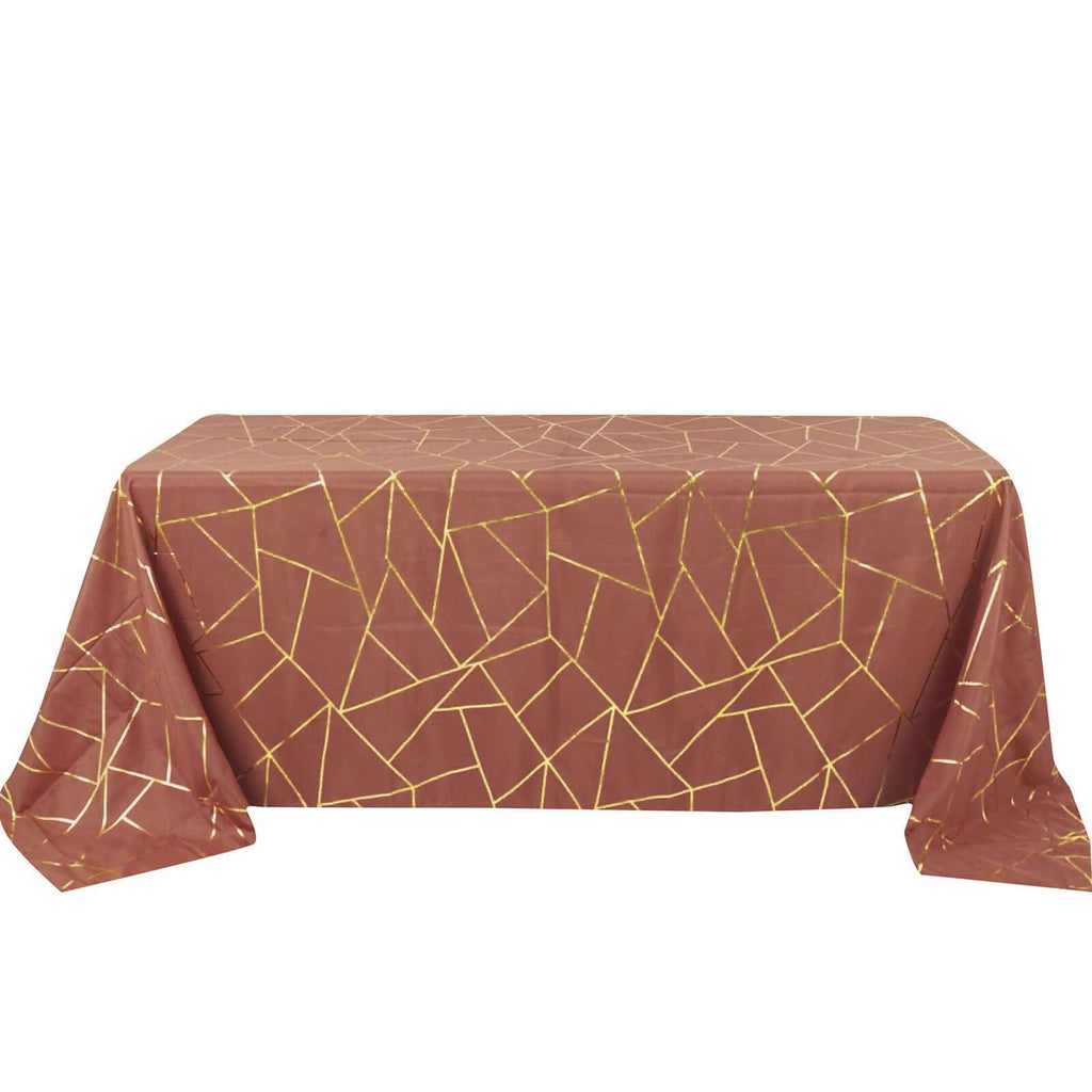 Polyester 90"x132" Rectangle Tablecloth Terracotta (Rust) with Gold Foil Geometric Pattern - Wrinkle - Resistant Seamless Table Cover - Bell Racket Store