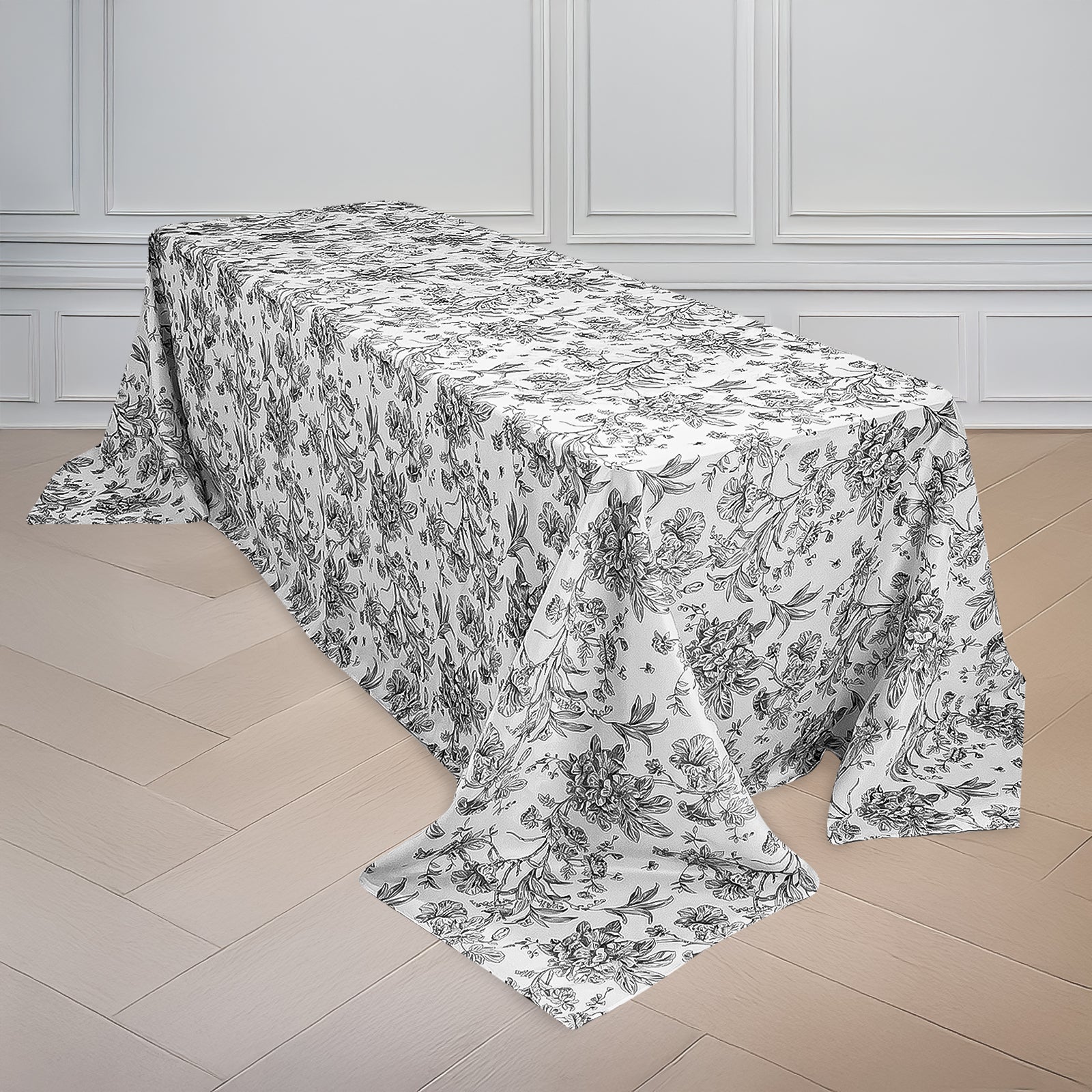 Polyester 90"x132" Rectangle Tablecloth White - Seamless Black French Toile Pattern for Formal Celebrations - Bell Racket Store