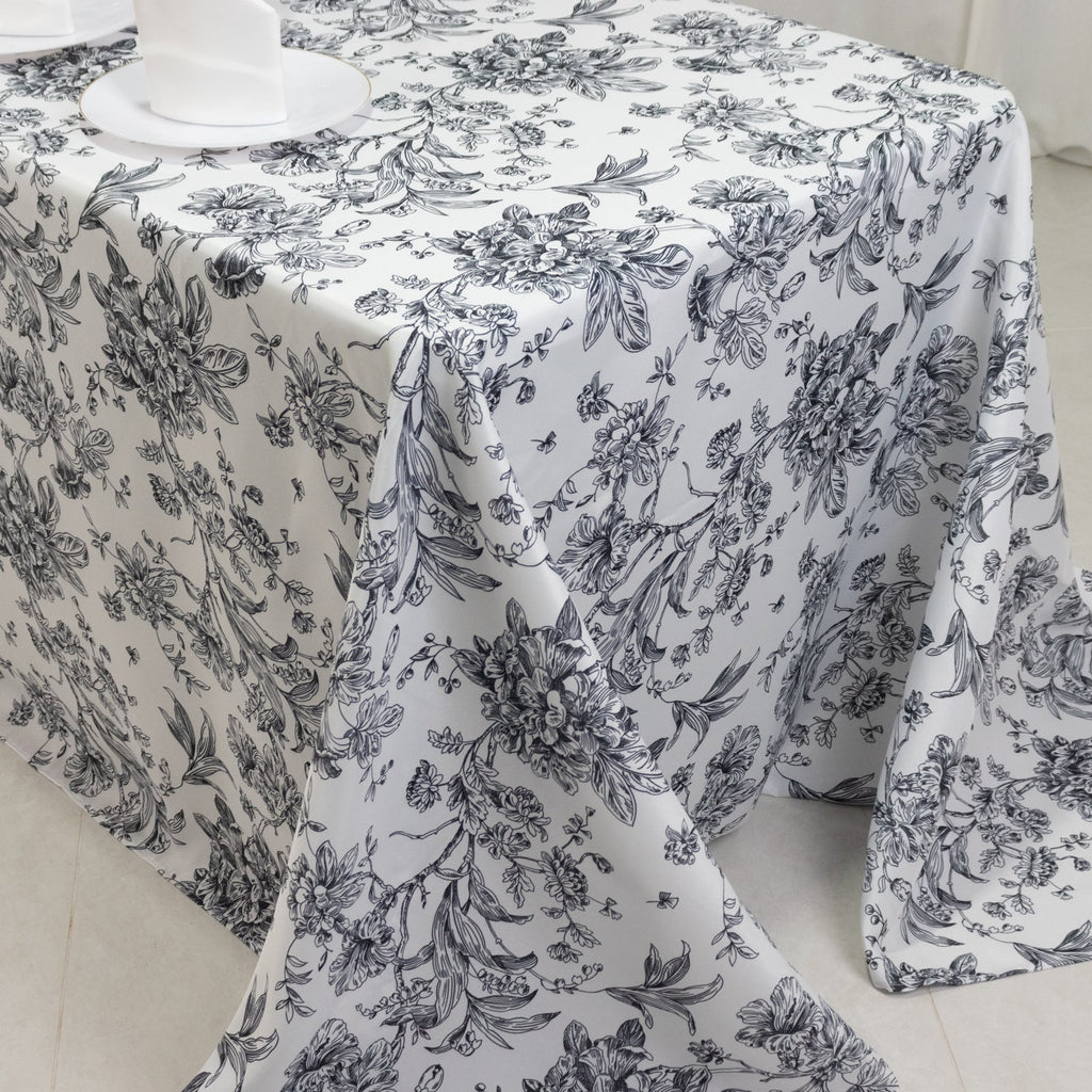 Polyester 90"x132" Rectangle Tablecloth White - Seamless Black French Toile Pattern for Formal Celebrations - Bell Racket Store