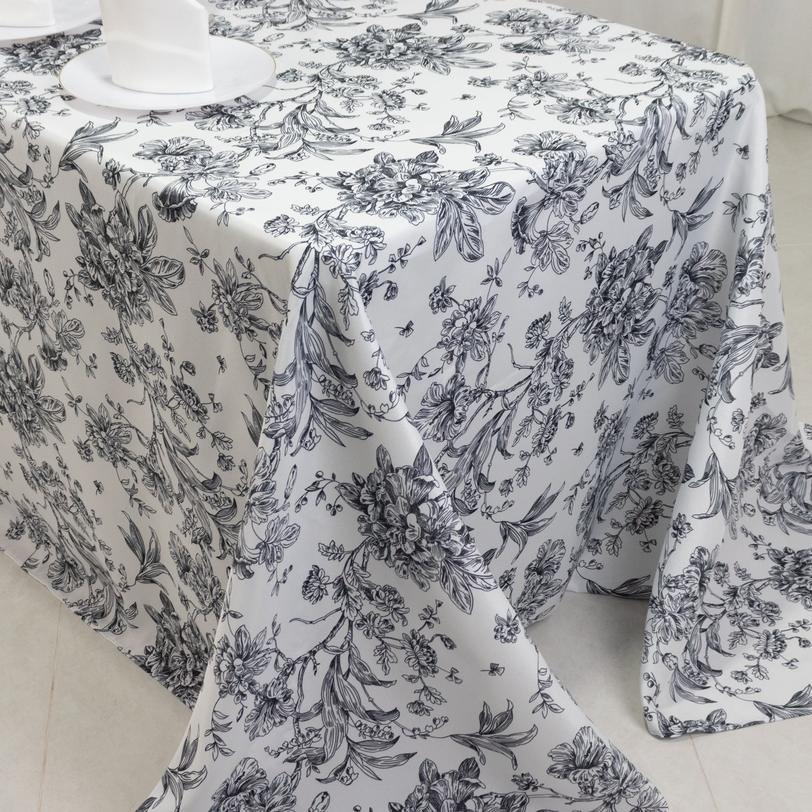 Polyester 90"x132" Rectangle Tablecloth White - Seamless Black French Toile Pattern for Formal Celebrations - Bell Racket Store