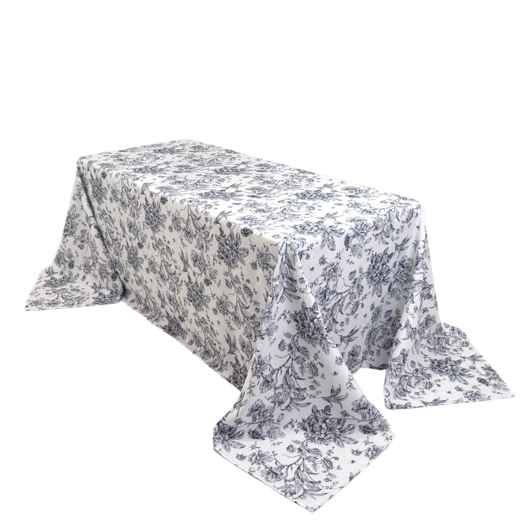 Polyester 90"x132" Rectangle Tablecloth White - Seamless Black French Toile Pattern for Formal Celebrations - Bell Racket Store