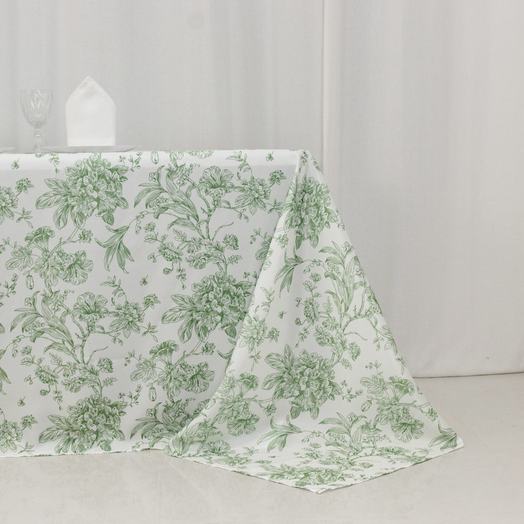 Polyester 90"x132" Rectangle Tablecloth White - Seamless Dusty Sage Green French Toile Pattern for Formal Celebrations - Bell Racket Store