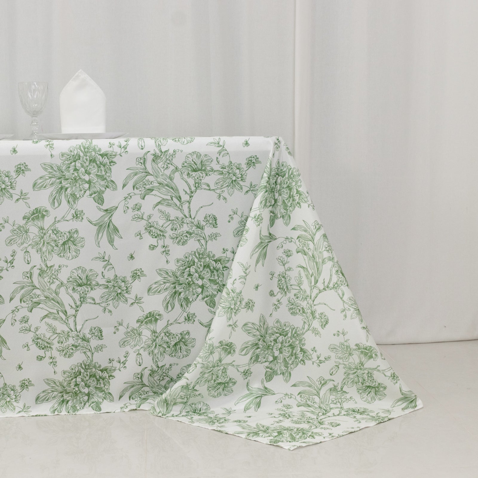 Polyester 90"x132" Rectangle Tablecloth White - Seamless Dusty Sage Green French Toile Pattern for Formal Celebrations - Bell Racket Store