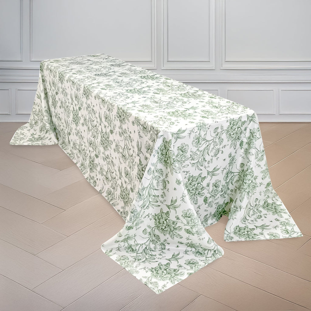 Polyester 90"x132" Rectangle Tablecloth White - Seamless Dusty Sage Green French Toile Pattern for Formal Celebrations - Bell Racket Store