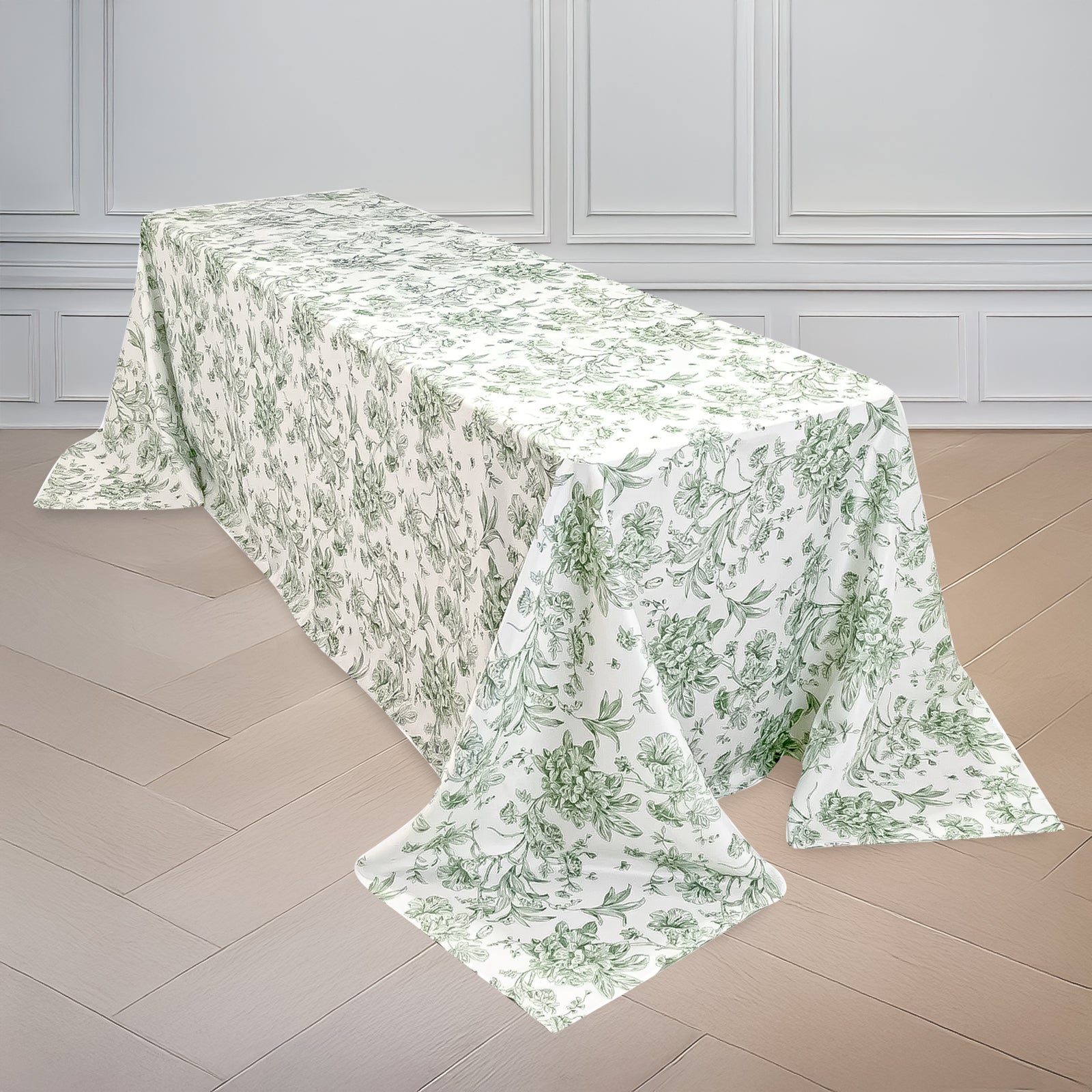 Polyester 90"x132" Rectangle Tablecloth White - Seamless Dusty Sage Green French Toile Pattern for Formal Celebrations - Bell Racket Store