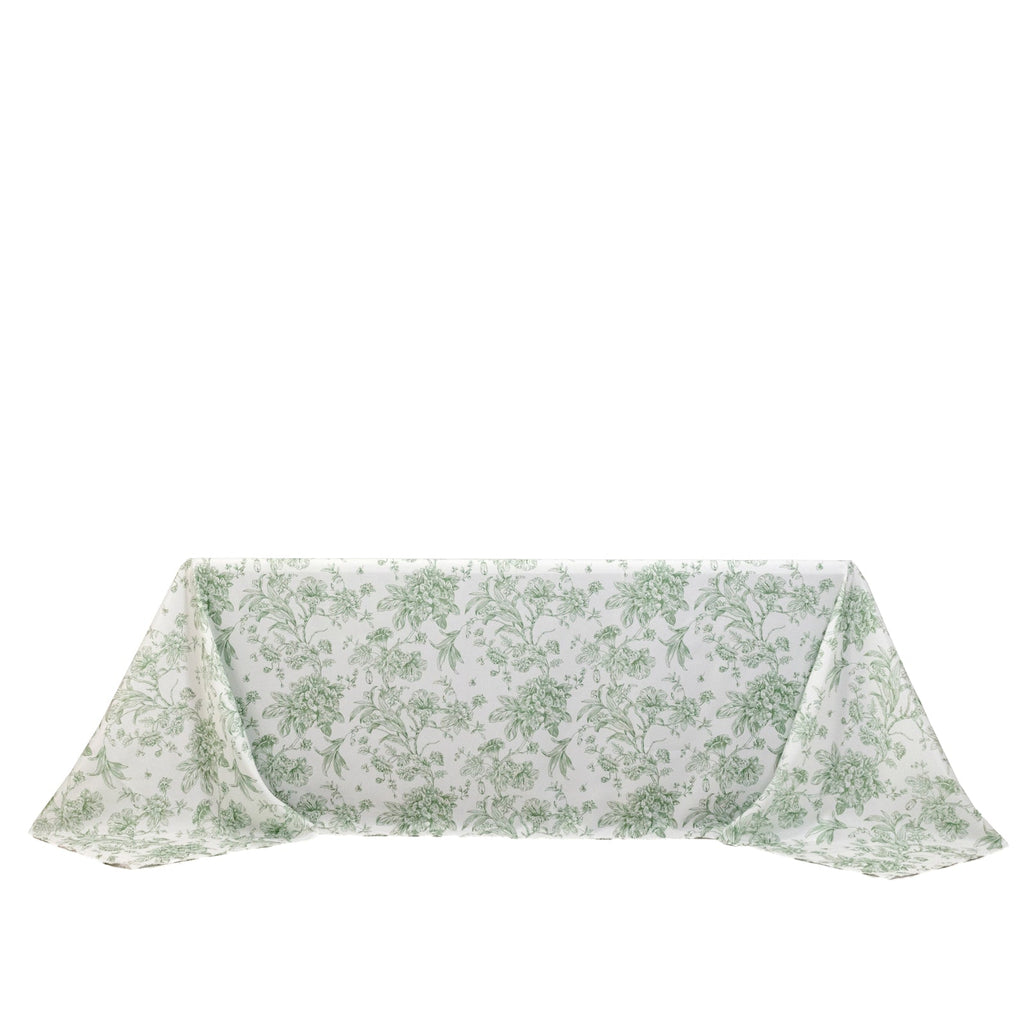 Polyester 90"x132" Rectangle Tablecloth White - Seamless Dusty Sage Green French Toile Pattern for Formal Celebrations - Bell Racket Store