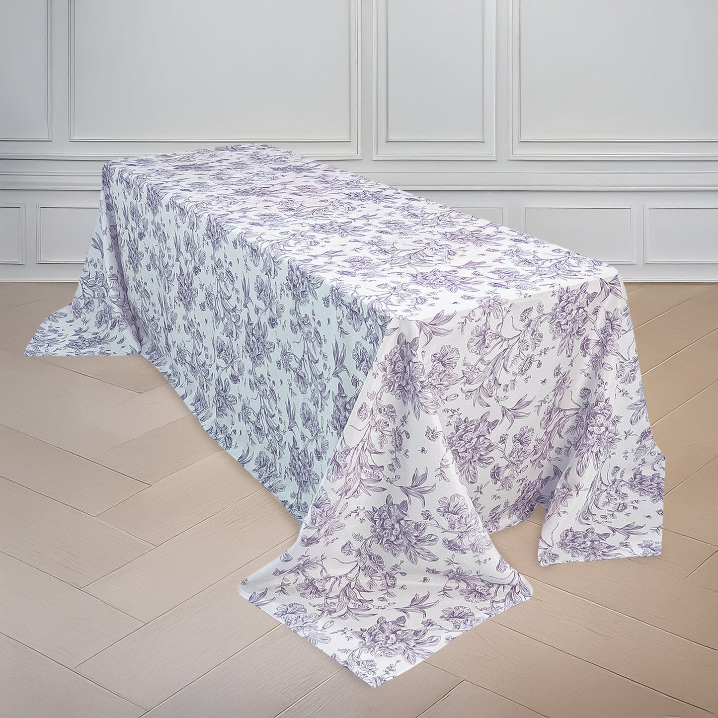 Polyester 90"x132" Rectangle Tablecloth White - Seamless Lavender Lilac French Toile Pattern for Formal Celebrations - Bell Racket Store