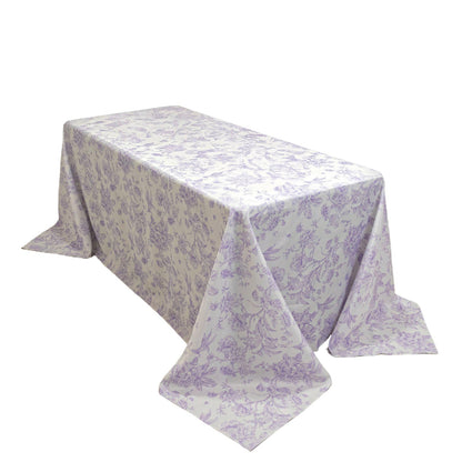 Polyester 90"x132" Rectangle Tablecloth White - Seamless Lavender Lilac French Toile Pattern for Formal Celebrations - Bell Racket Store