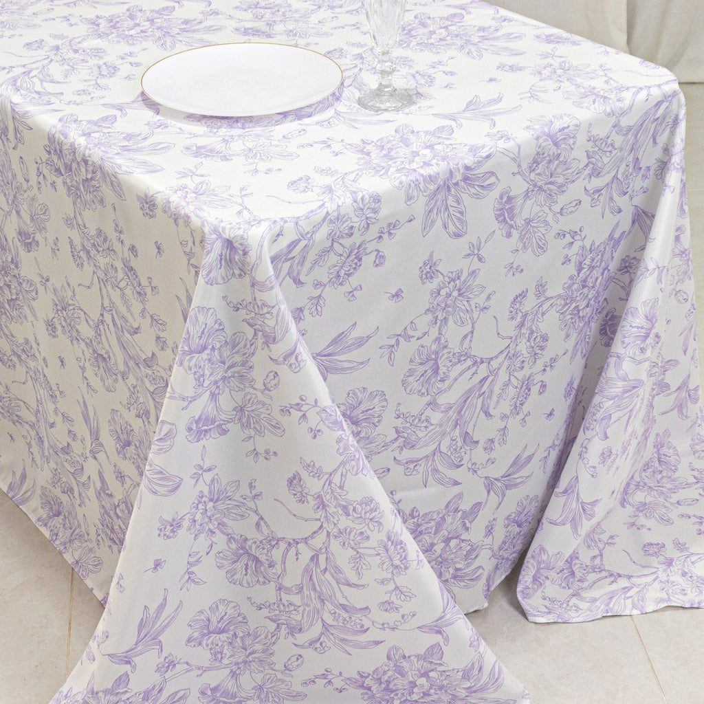 Polyester 90"x132" Rectangle Tablecloth White - Seamless Lavender Lilac French Toile Pattern for Formal Celebrations - Bell Racket Store