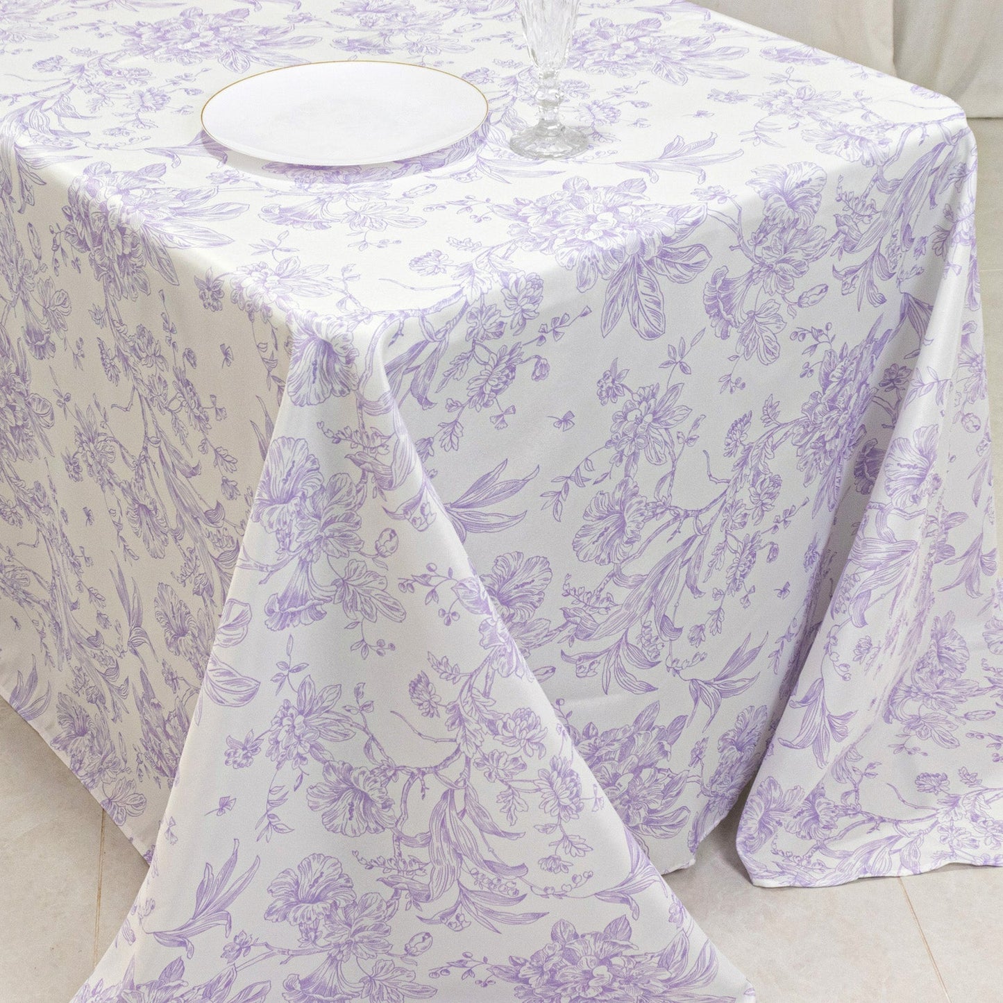 Polyester 90"x132" Rectangle Tablecloth White - Seamless Lavender Lilac French Toile Pattern for Formal Celebrations - Bell Racket Store