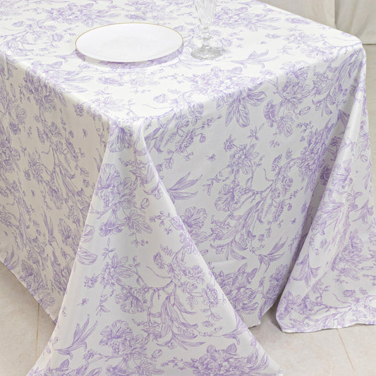Polyester 90"x132" Rectangle Tablecloth White - Seamless Lavender Lilac French Toile Pattern for Formal Celebrations - Bell Racket Store