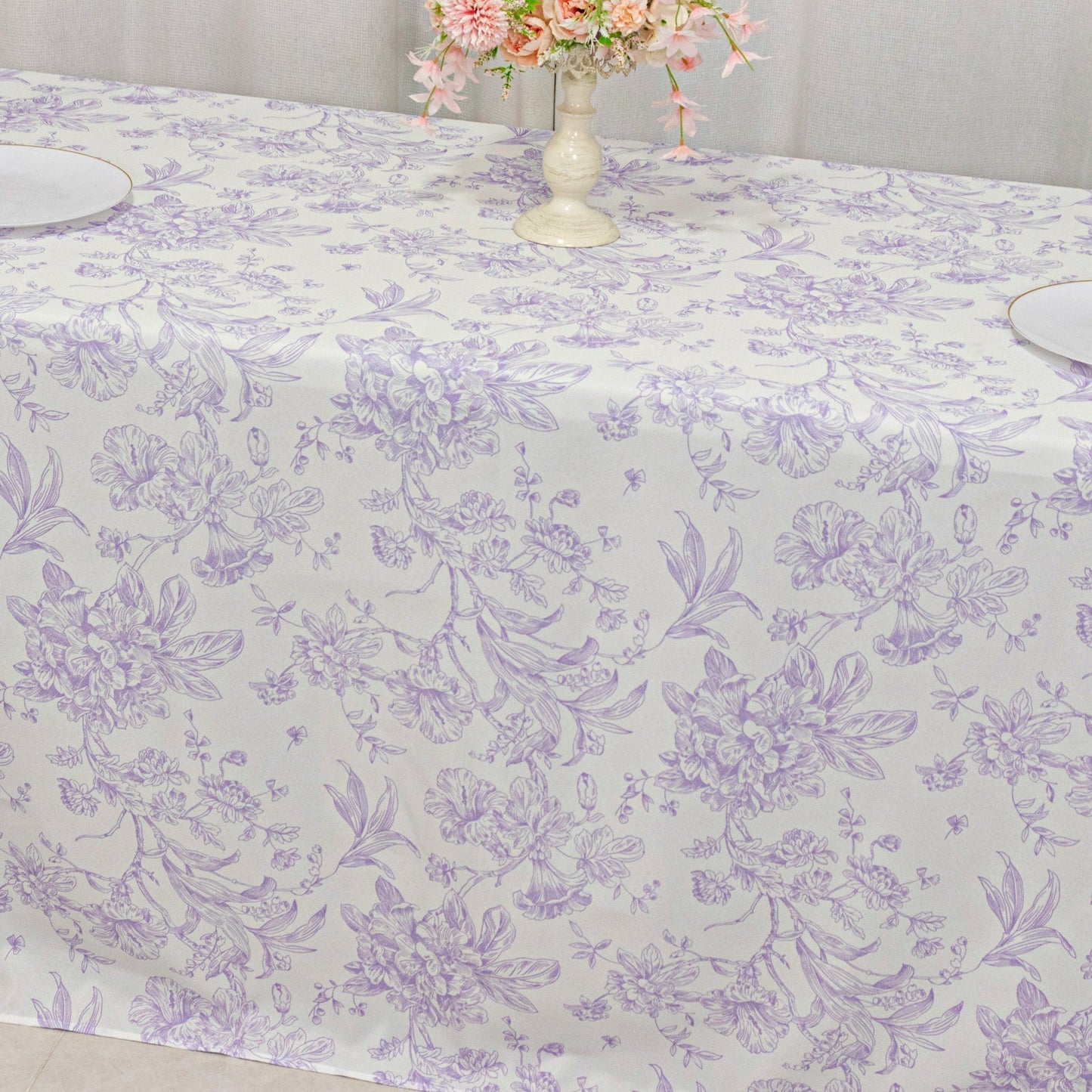 Polyester 90"x132" Rectangle Tablecloth White - Seamless Lavender Lilac French Toile Pattern for Formal Celebrations - Bell Racket Store