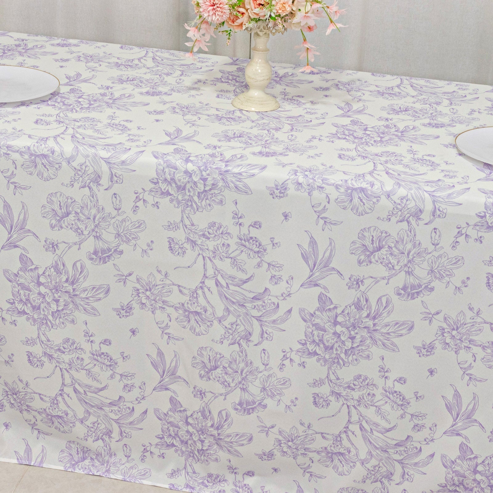 Polyester 90"x132" Rectangle Tablecloth White - Seamless Lavender Lilac French Toile Pattern for Formal Celebrations - Bell Racket Store