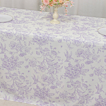 Polyester 90"x132" Rectangle Tablecloth White - Seamless Lavender Lilac French Toile Pattern for Formal Celebrations - Bell Racket Store