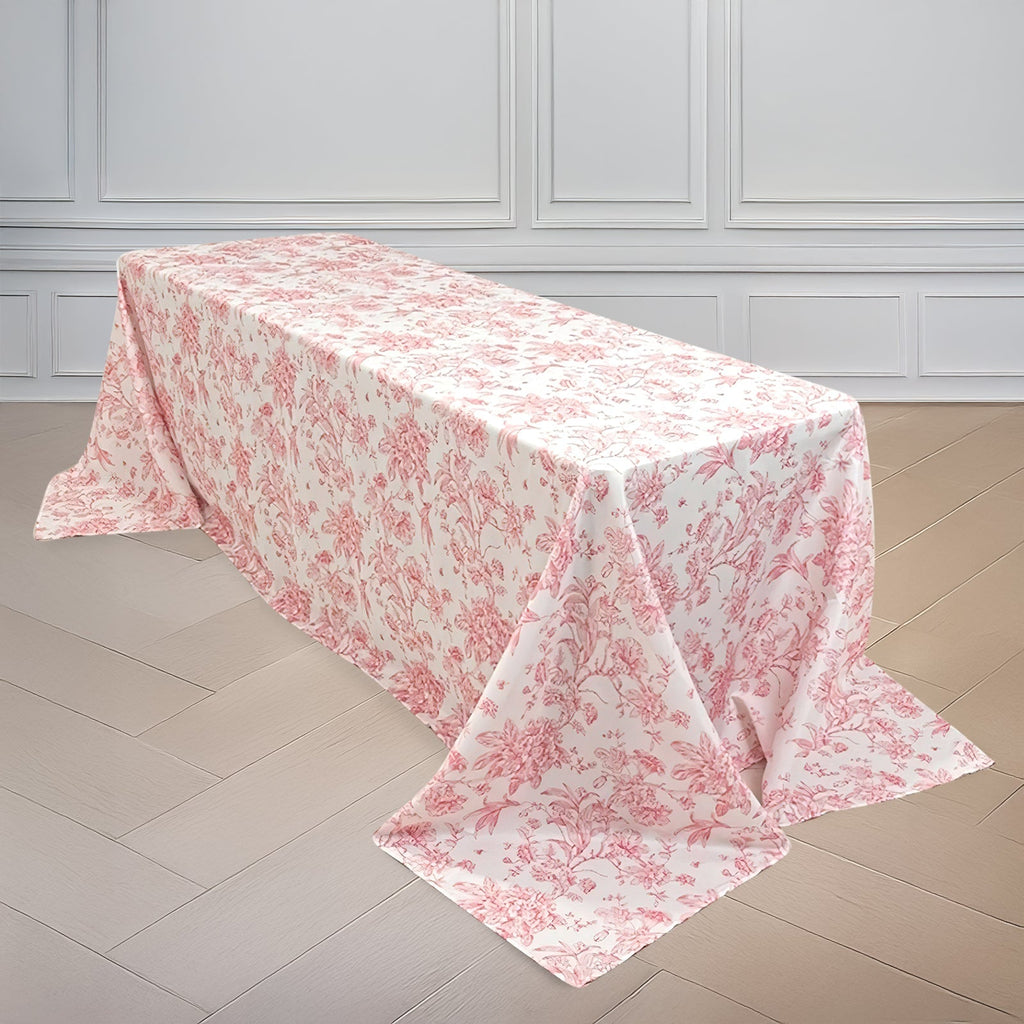 Polyester 90"x132" Rectangle Tablecloth White - Seamless Pink French Toile Pattern for Formal Celebrations - Bell Racket Store