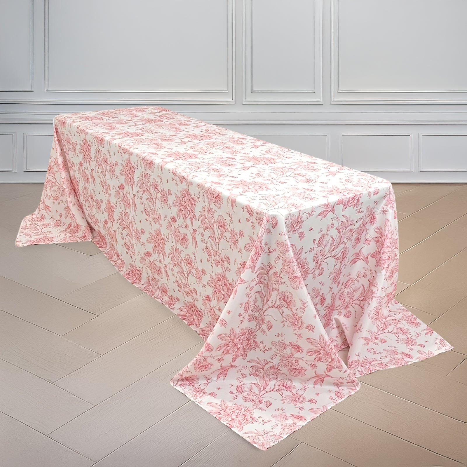 Polyester 90"x132" Rectangle Tablecloth White - Seamless Pink French Toile Pattern for Formal Celebrations - Bell Racket Store