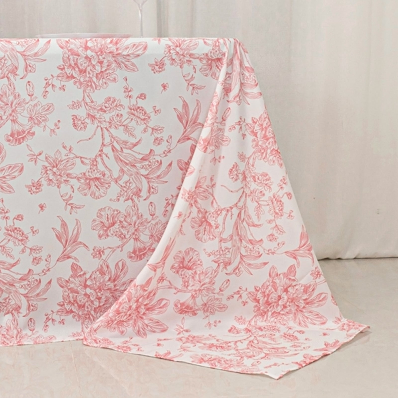 Polyester 90"x132" Rectangle Tablecloth White - Seamless Pink French Toile Pattern for Formal Celebrations - Bell Racket Store