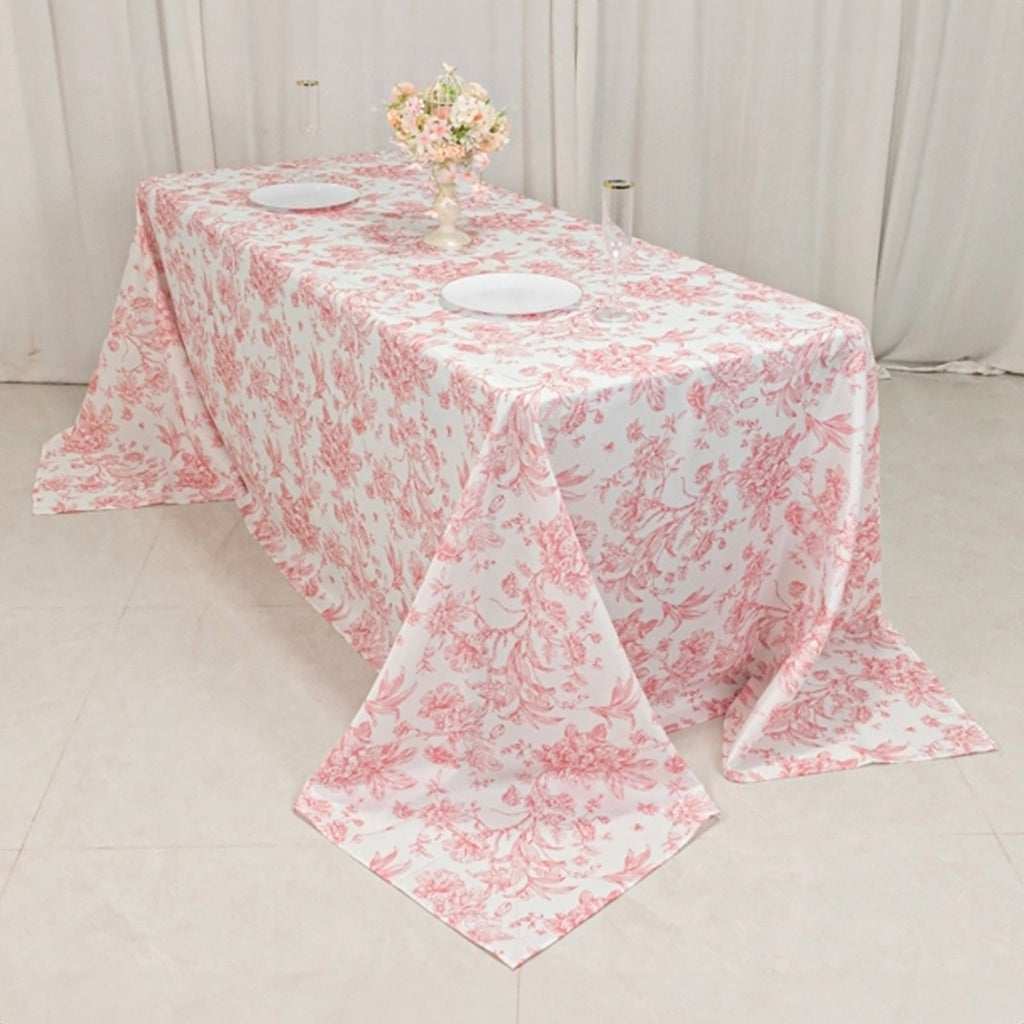 Polyester 90"x132" Rectangle Tablecloth White - Seamless Pink French Toile Pattern for Formal Celebrations - Bell Racket Store