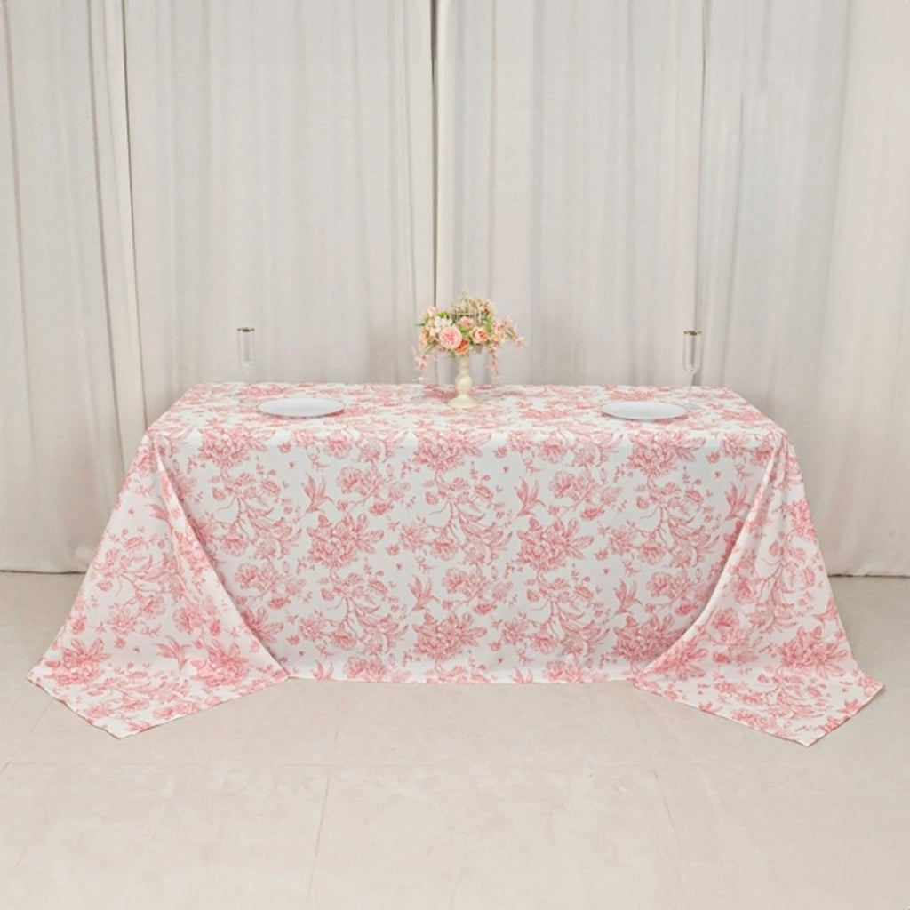 Polyester 90"x132" Rectangle Tablecloth White - Seamless Pink French Toile Pattern for Formal Celebrations - Bell Racket Store