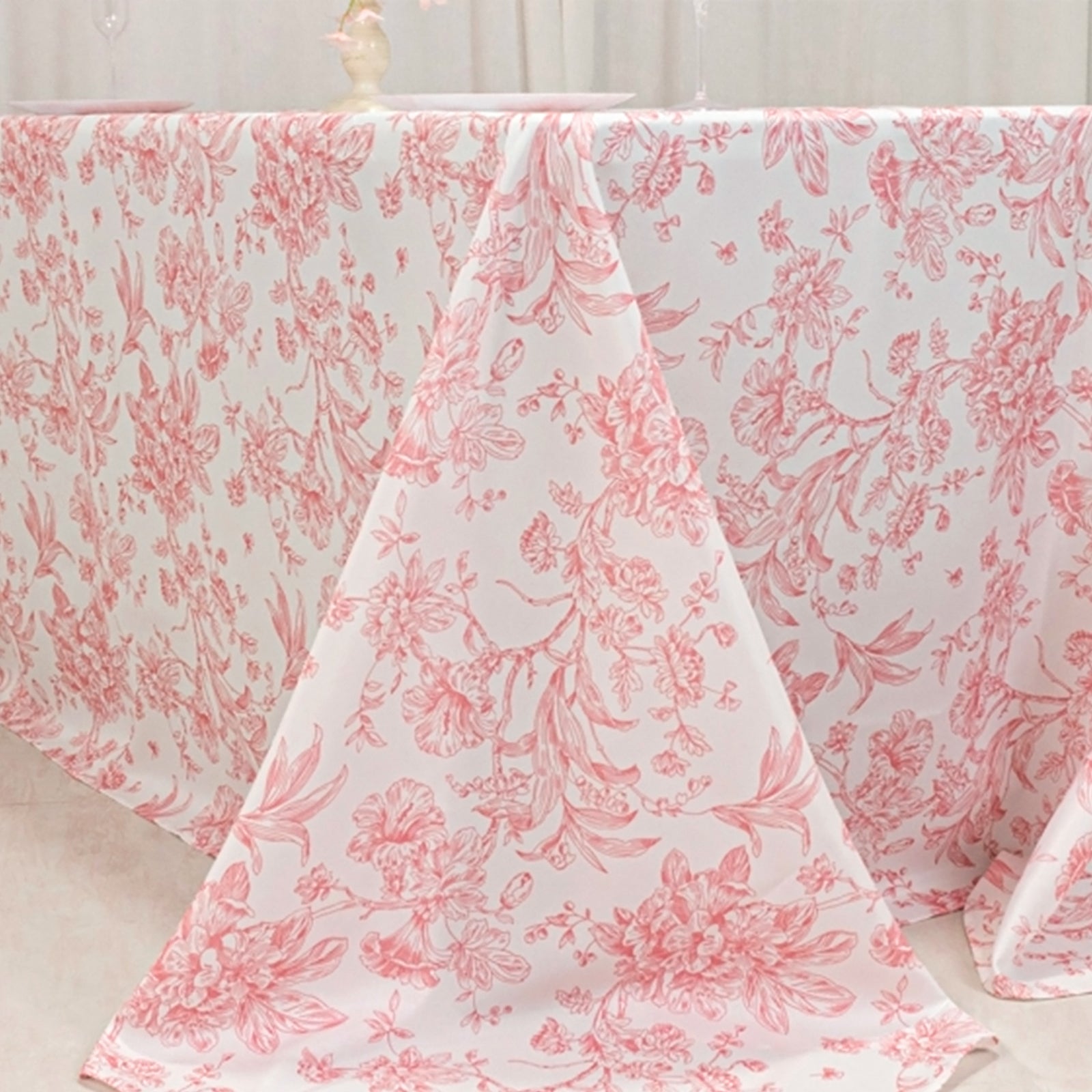 Polyester 90"x132" Rectangle Tablecloth White - Seamless Pink French Toile Pattern for Formal Celebrations - Bell Racket Store