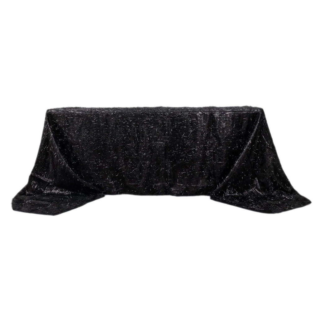 Polyester 90"x156" Rectangle Tablecloth Black Metallic Fringe Shag Tinsel Table Cover - Bell Racket Store